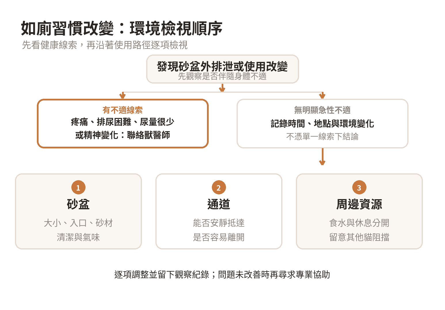 貓咪環境豐富化跟如廁問題有什麼關係 先留意健康變化,再依序檢視砂盆本身、前往砂盆的路線和周邊資源分布,逐項調整生活環境。